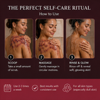 Instructions for a self-care ritual with images of a woman applying a scrub to her skin.