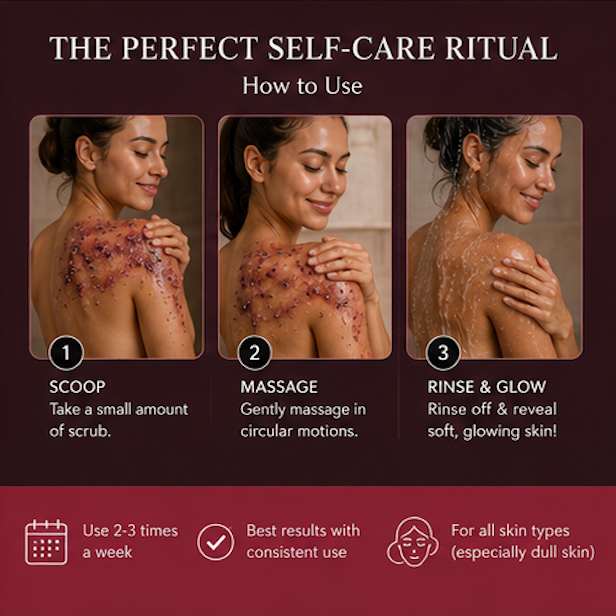 Instructions for a self-care ritual with images of a woman applying a scrub to her skin.
