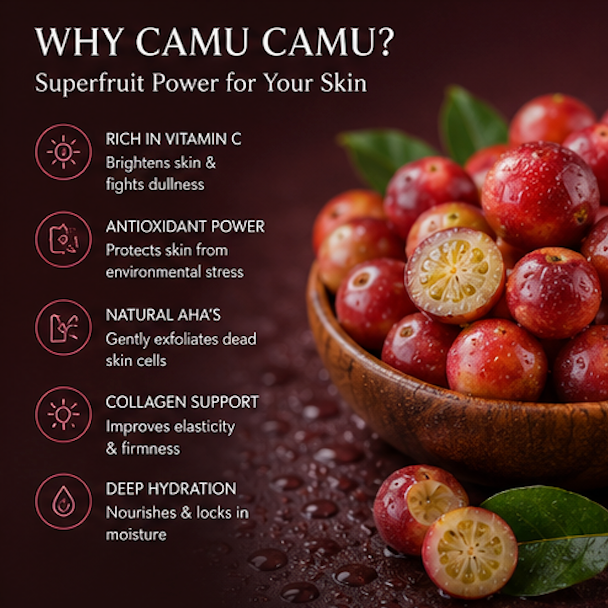 Camu camu berries with benefits listed on a dark background