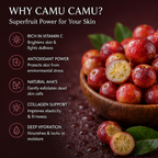 Camu camu berries with benefits listed on a dark background