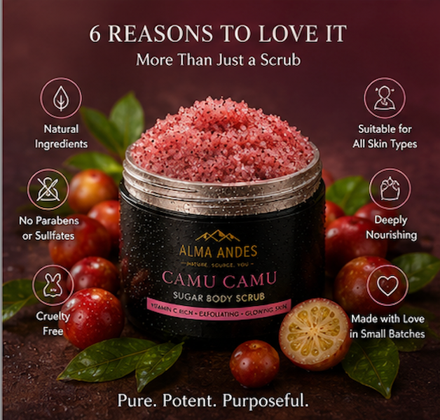 Camu Camu sugar body scrub with ingredients and benefits on a dark background