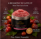 Camu Camu sugar body scrub with ingredients and benefits on a dark background