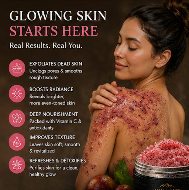 Woman with a scrub on her back and text about skincare benefits on a dark background
