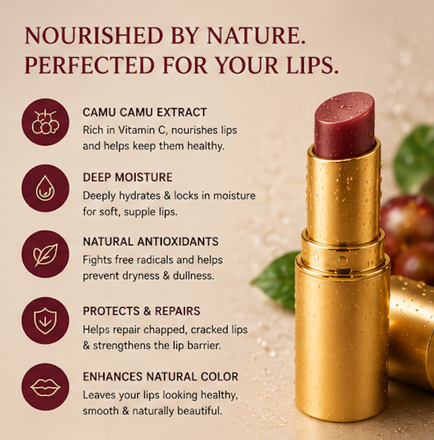 Lip balm with gold casing on a beige background, featuring text about its benefits.