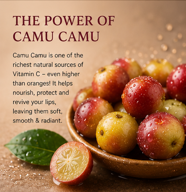 Camu camu fruits in a bowl with a leaf on a brown background, text about the power of camu camu.