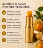 Gold lip balm with text about its benefits on a beige background