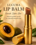 Lucuma lip balm with a gold tube and open lid, surrounded by lucuma fruit and leaves on a warm background.