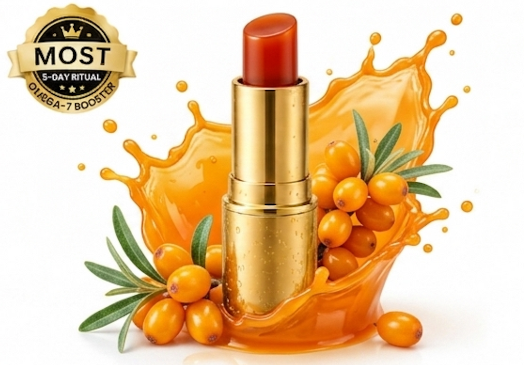 Lipstick with sea buckthorn berries and an orange splash on a white background