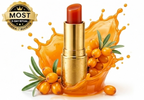 Lipstick with sea buckthorn berries and an orange splash on a white background