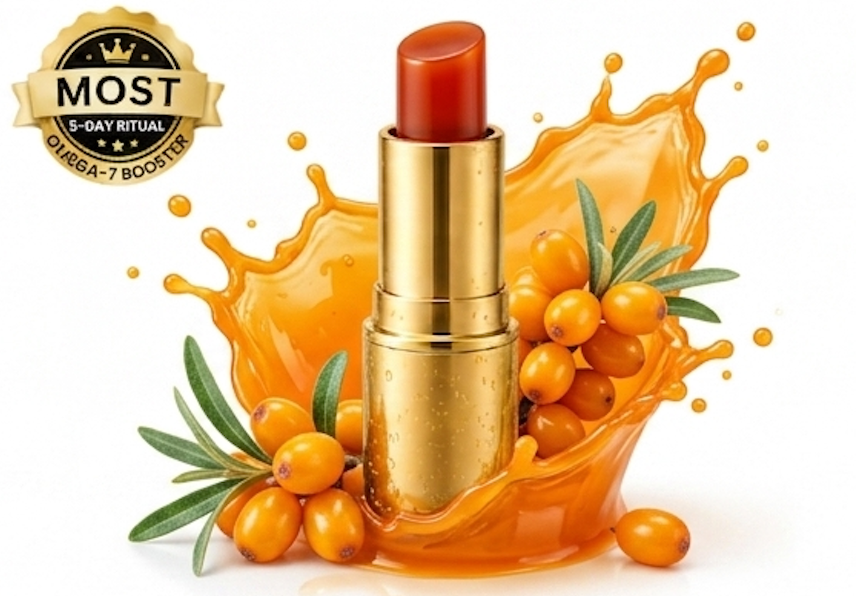 Lipstick with sea buckthorn berries and an orange splash on a white background