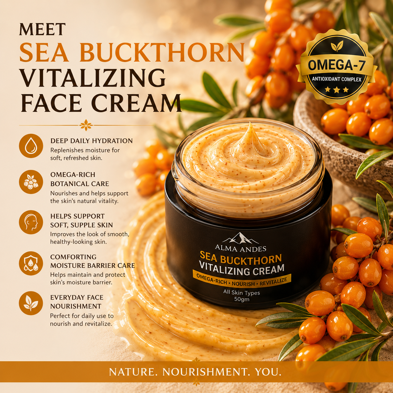 Face Vitalizing Cream with Sea Buckthorn & Omega 7 - Slide 1