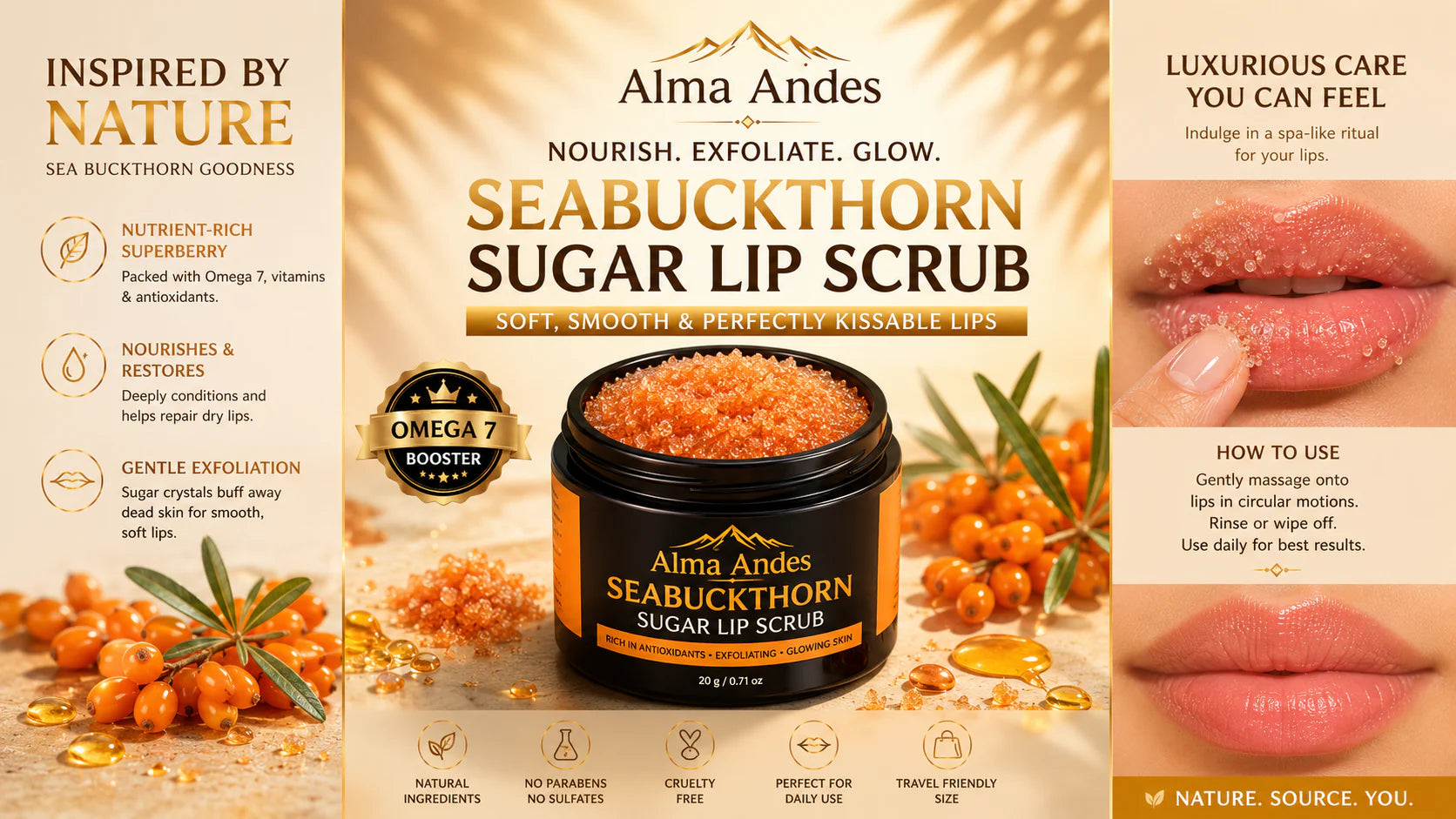 Alma Andes Seabuckthorn Sugar Lip Scrub packaging with product image and usage instructions.