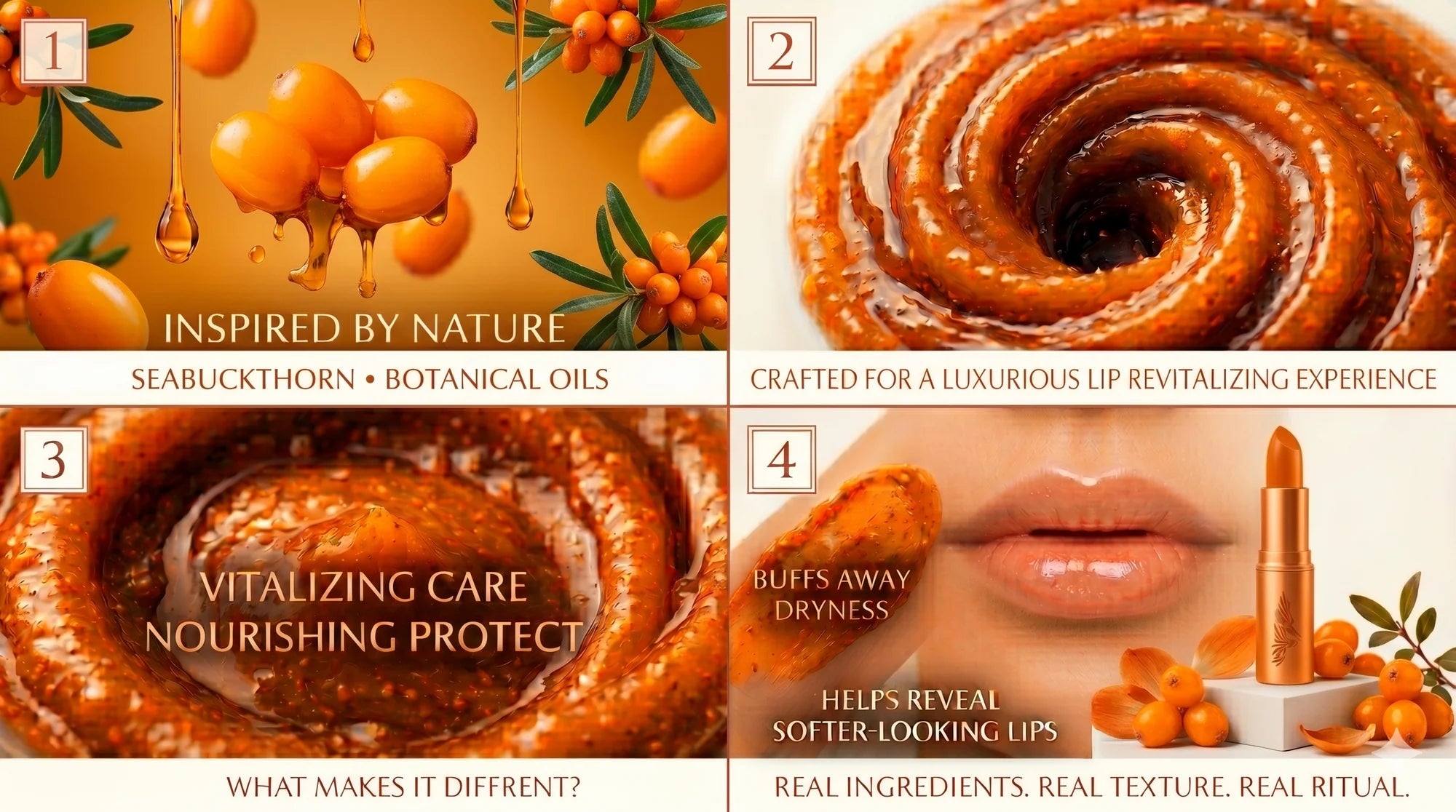 A four-panel promotional graphic for a lip care product. The top-left panel shows orange sea Buckthorn berries and botanical oil droplets on an orange background.