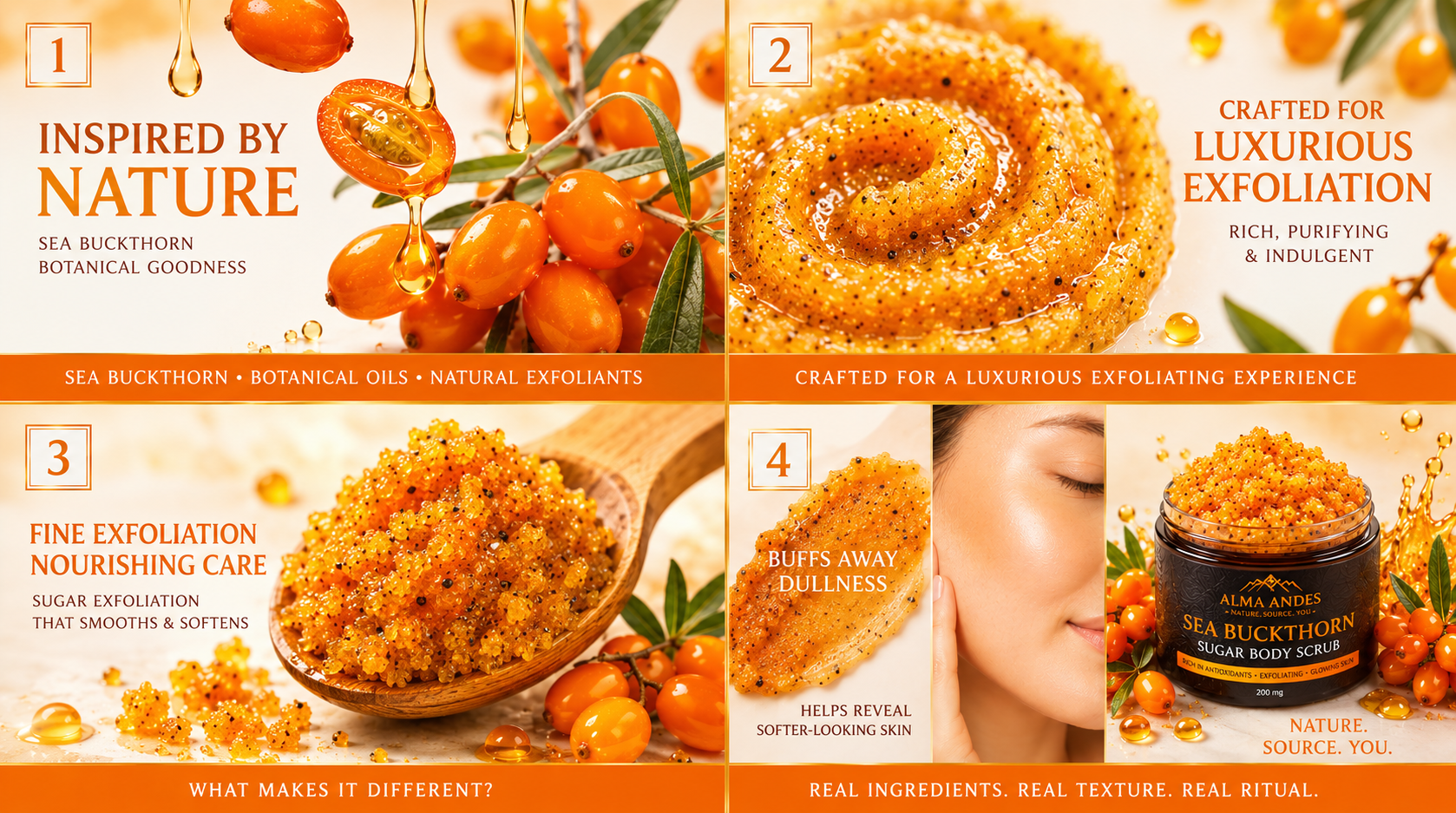 Promotional graphic for a sea buckthorn body scrub with text and images of the product and ingredients.
