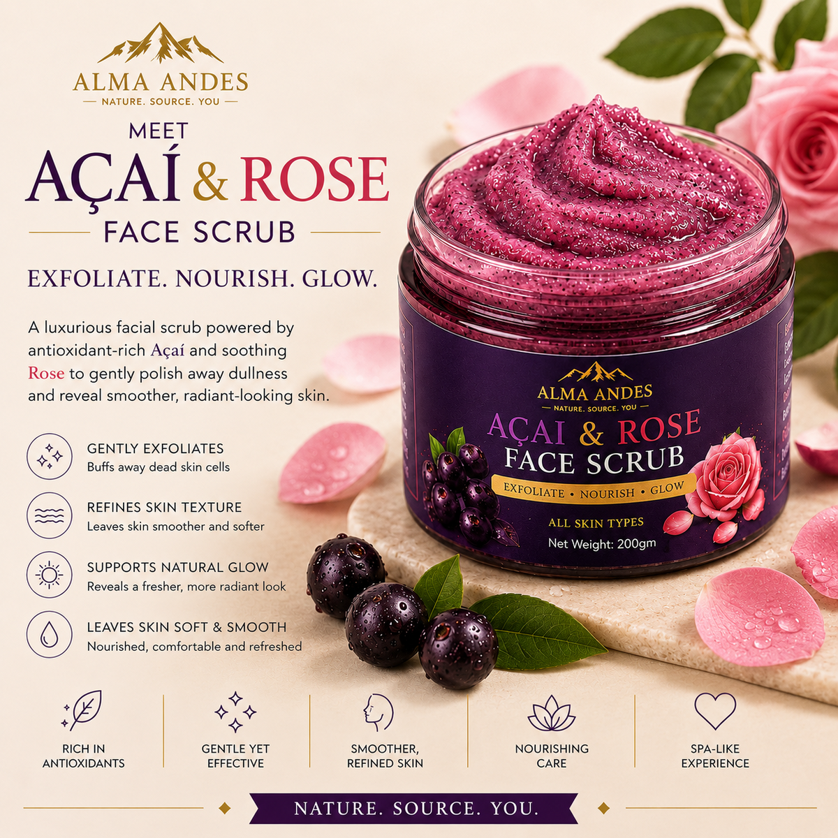 Alma Andes Açaí Berry & Rose Face Scrub for Tan Removal & Glowing Skin | Gentle Exfoliating Face Scrub for Blackhead Removal, Clogged Pores & Dead Skin | Non-Drying | For Men & Women (200g) - Slide 1