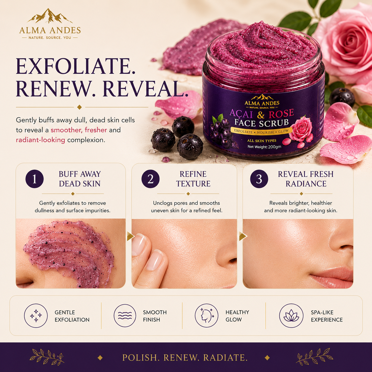 Alma Andes Açaí Berry & Rose Face Scrub for Tan Removal & Glowing Skin | Gentle Exfoliating Face Scrub for Blackhead Removal, Clogged Pores & Dead Skin | Non-Drying | For Men & Women (200g) - Slide 4