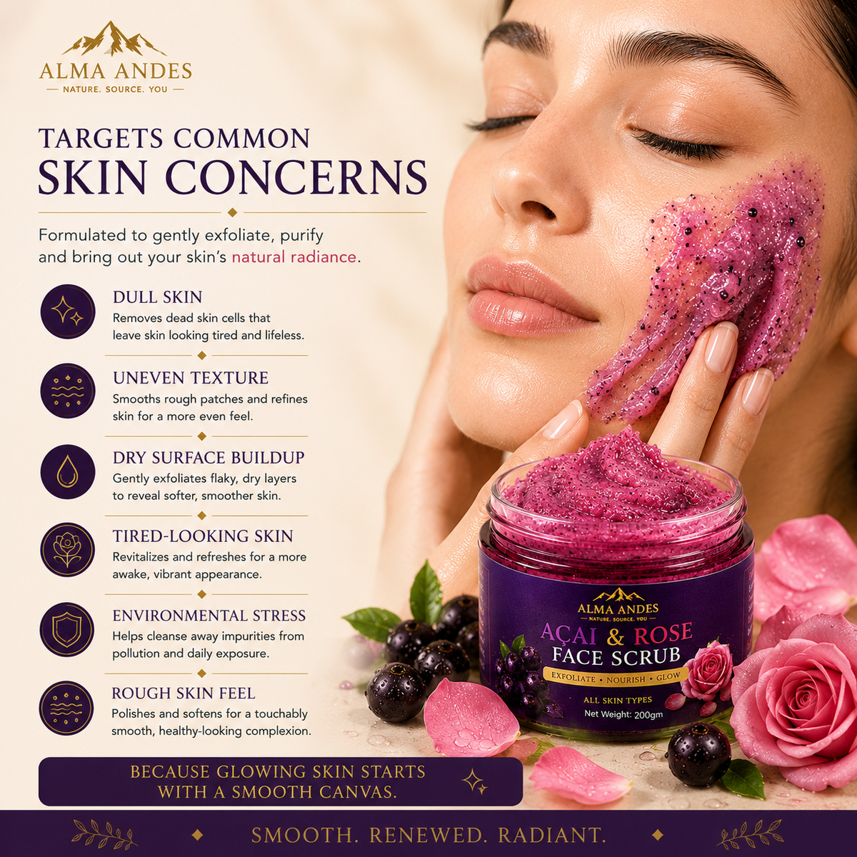 Alma Andes Açaí Berry & Rose Face Scrub for Tan Removal & Glowing Skin | Gentle Exfoliating Face Scrub for Blackhead Removal, Clogged Pores & Dead Skin | Non-Drying | For Men & Women (200g) - Slide 5