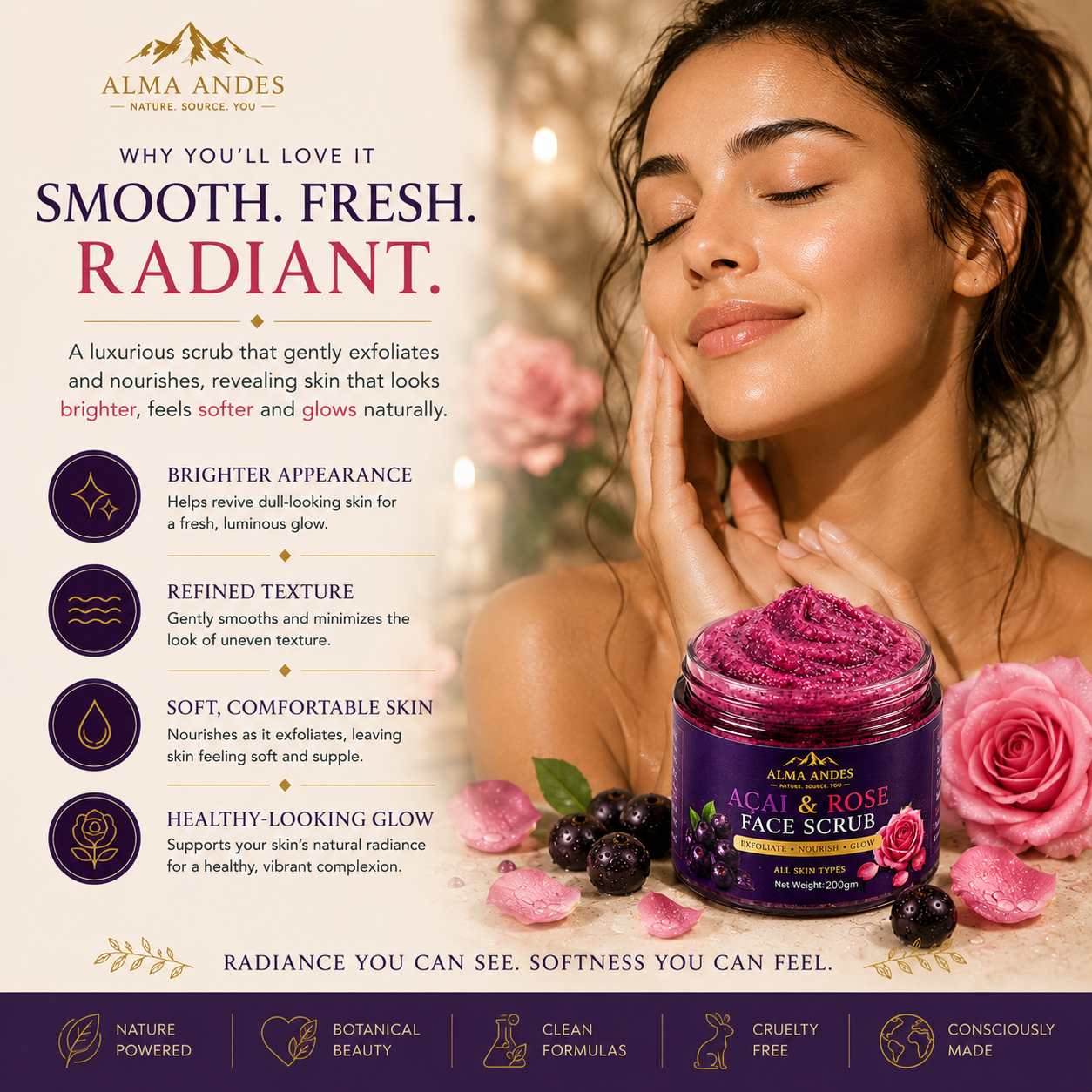 Alma Andes Açaí Berry & Rose Face Scrub for Tan Removal & Glowing Skin | Gentle Exfoliating Face Scrub for Blackhead Removal, Clogged Pores & Dead Skin | Non-Drying | For Men & Women (200g) - Slide 7