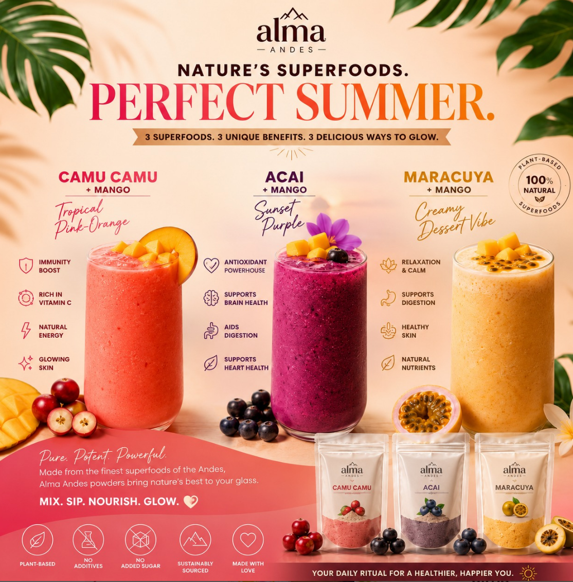 Homemade tropical cooler drink with Maracuya fruit powder.Superfood smoothie preparation with colourful tropical ingredients.
