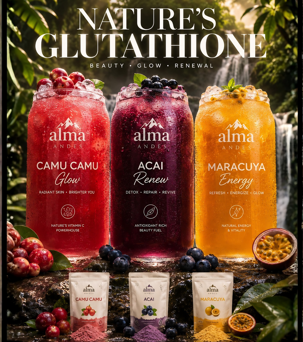 Three jars of 'Alma Andes' juices with ingredients and packaging on a natural background.Tropical smoothie made with Camu Camu, Acai and Maracuya superfood powders