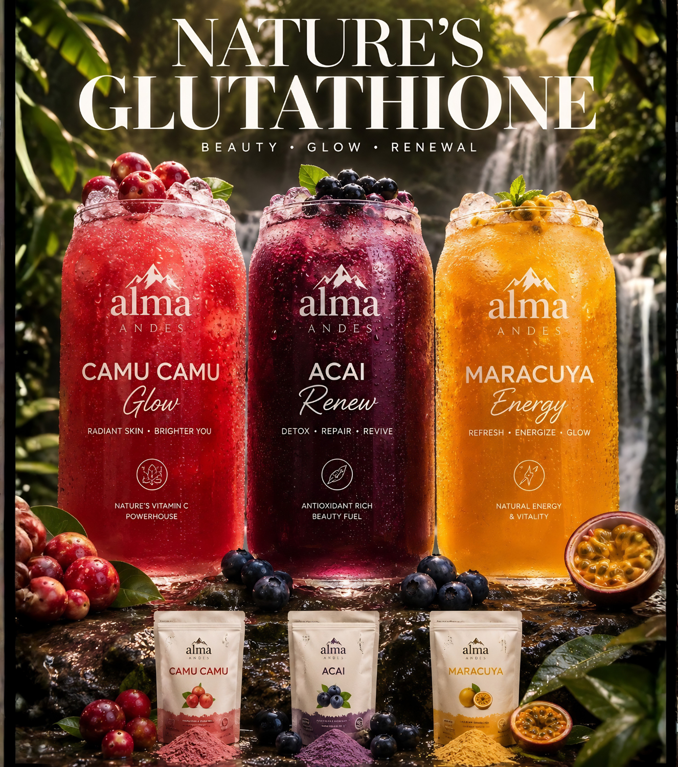 Three jars of 'Alma Andes' juices with ingredients and packaging on a natural background.Tropical smoothie made with Camu Camu, Acai and Maracuya superfood powders