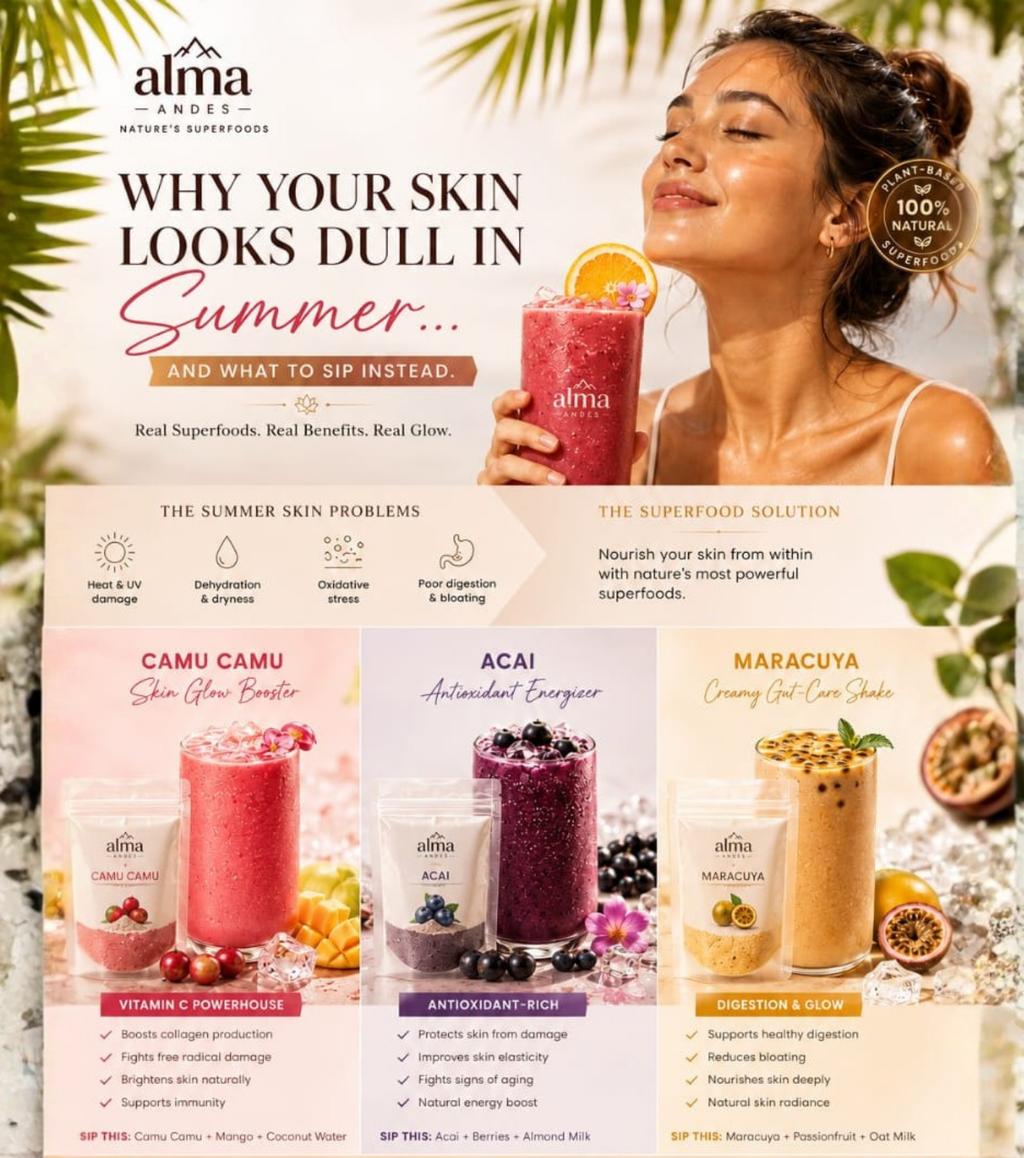 Promotional graphic for alma superfoods with a woman holding a smoothie and text about summer skin issues.Vitamin-rich smoothie with Camu Camu and tropical fruit ingredients