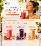 Promotional graphic for alma superfoods with a woman holding a smoothie and text about summer skin issues.Vitamin-rich smoothie with Camu Camu and tropical fruit ingredients