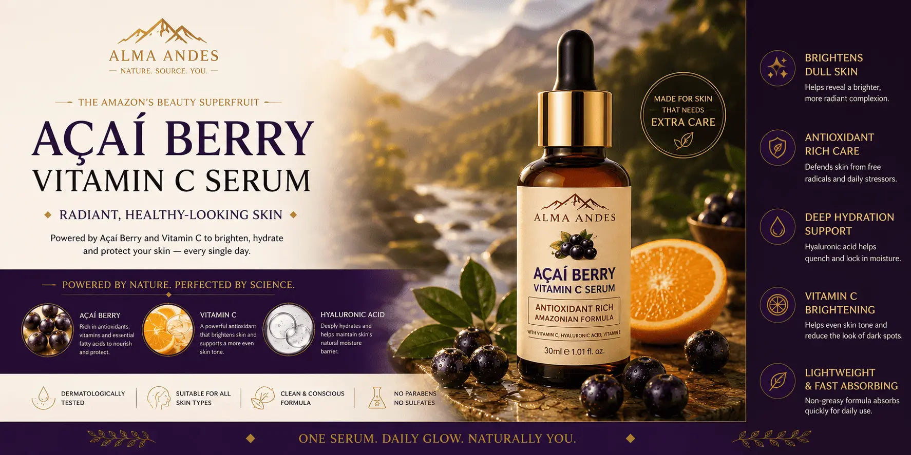Vitamin C Face Serum with Hyaluronic Acid, 10% Niacinamide & Acai