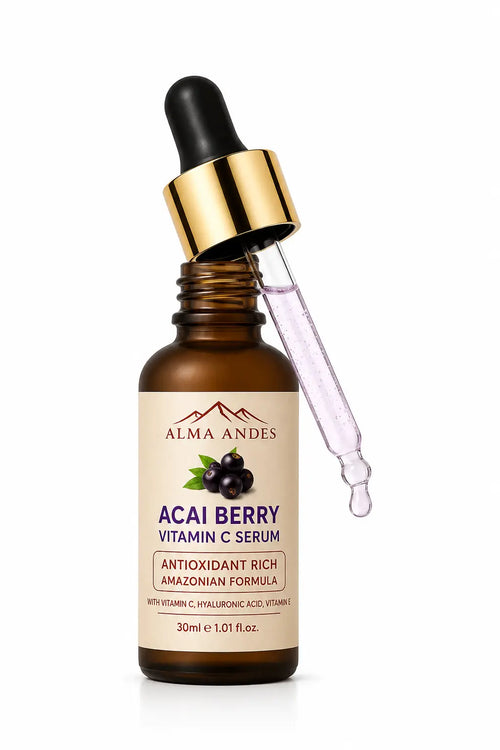 Alma Andes Acai Berry Vitamin C Serum in a 30ml amber glass dropper bottle with a gold collar and a black rubber bulb, shown with the glass dropper resting against the bottle on a white background.
