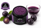 Acai sugar lip scrub with acai berries and acai juice on a white background