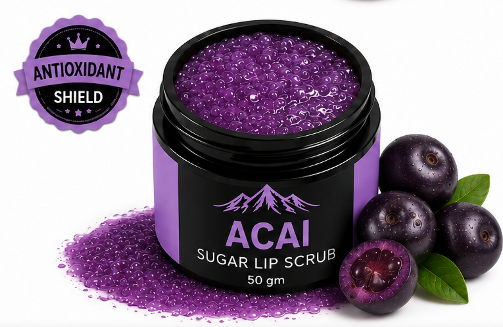 Acai sugar lip scrub with acai berries and acai berry fruit on a white background