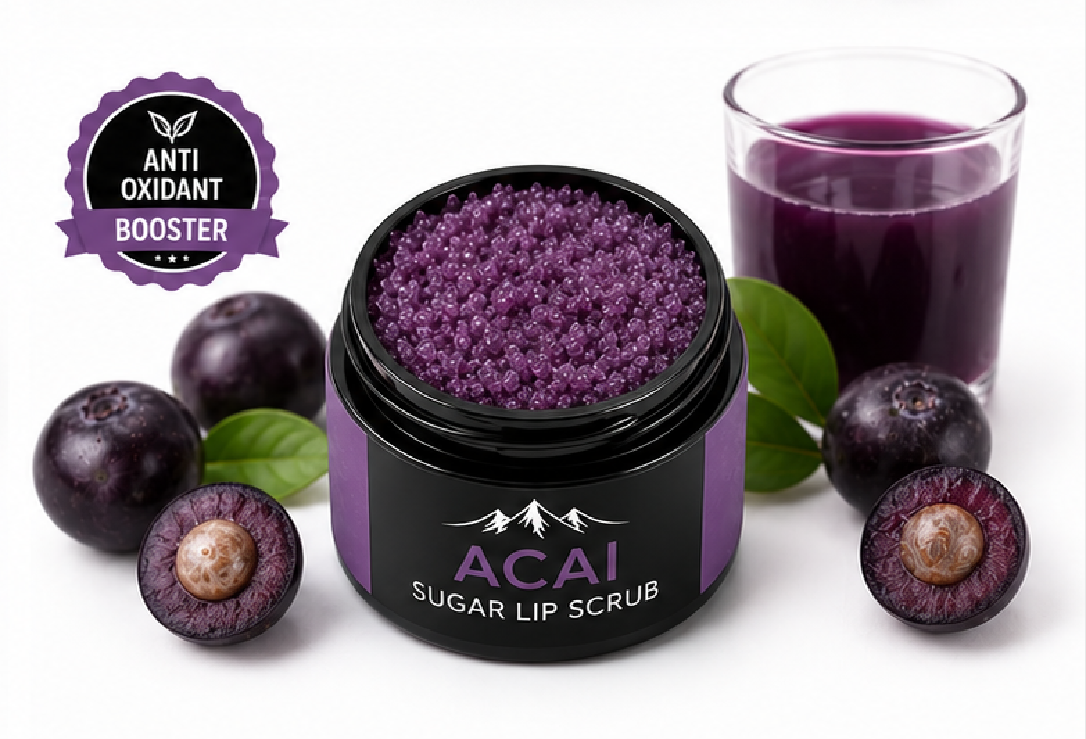 Acai sugar lip scrub with a glass of acai juice and acai berries on a white background.