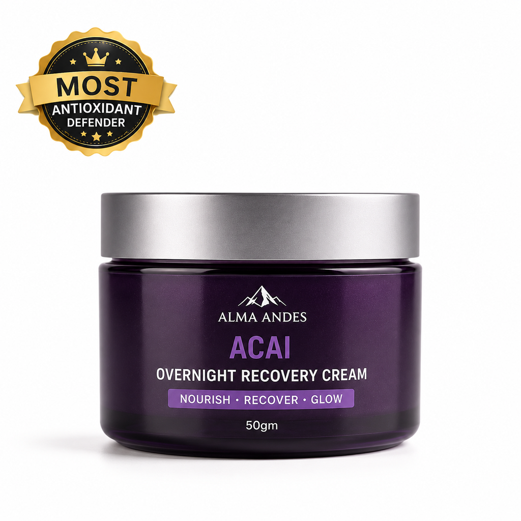 Purple jar of Acai Overnight Recovery Cream with silver lid and 'Alma Andes' branding on a white background.