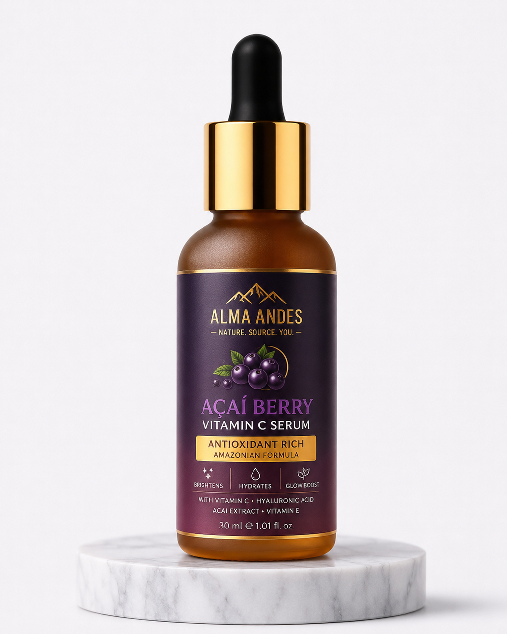 Alma Andes Acai Berry Vitamin C Serum bottle on a white background