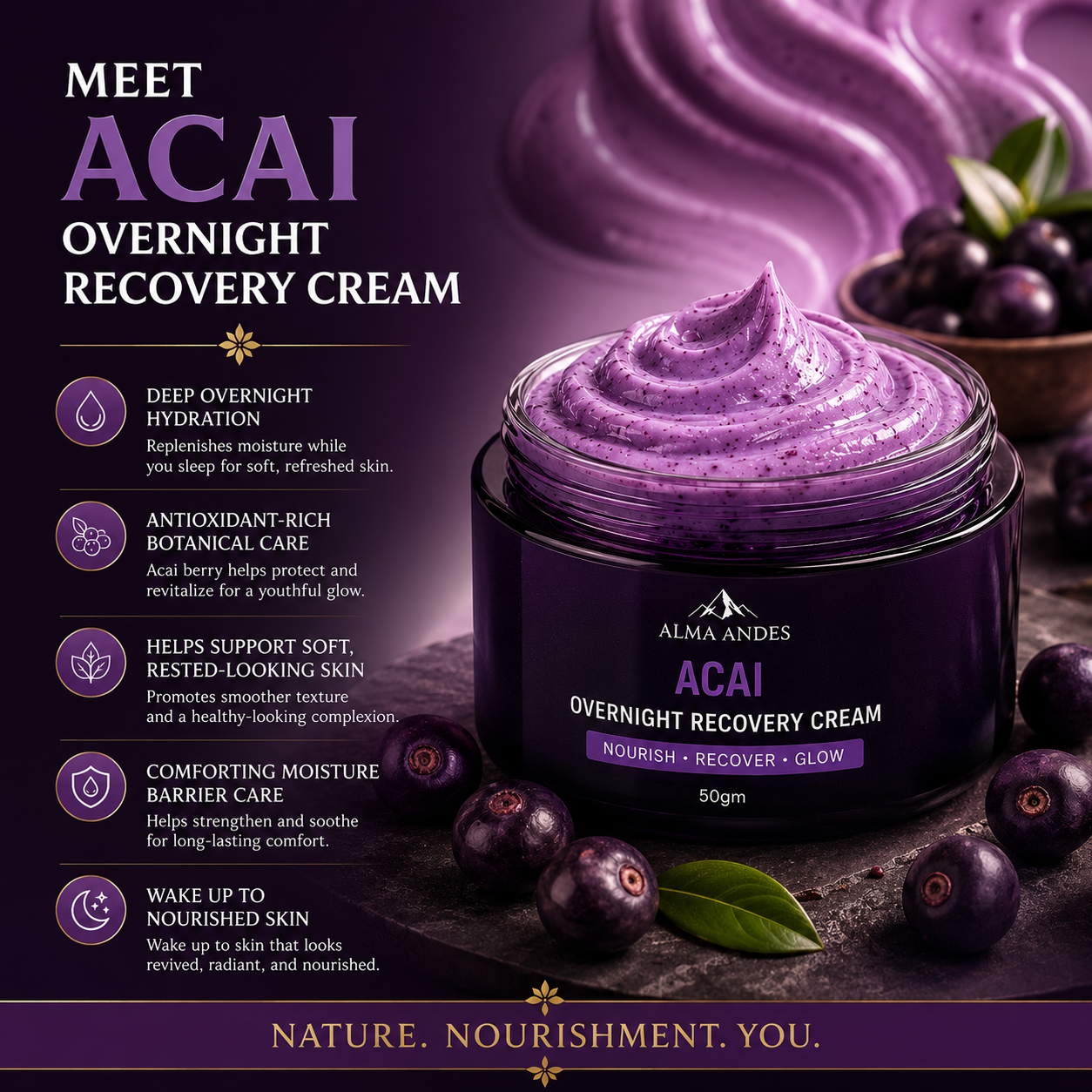 Night Cream for Glowing Skin with Açaí Berry Anti-Oxidant - Slide 1
