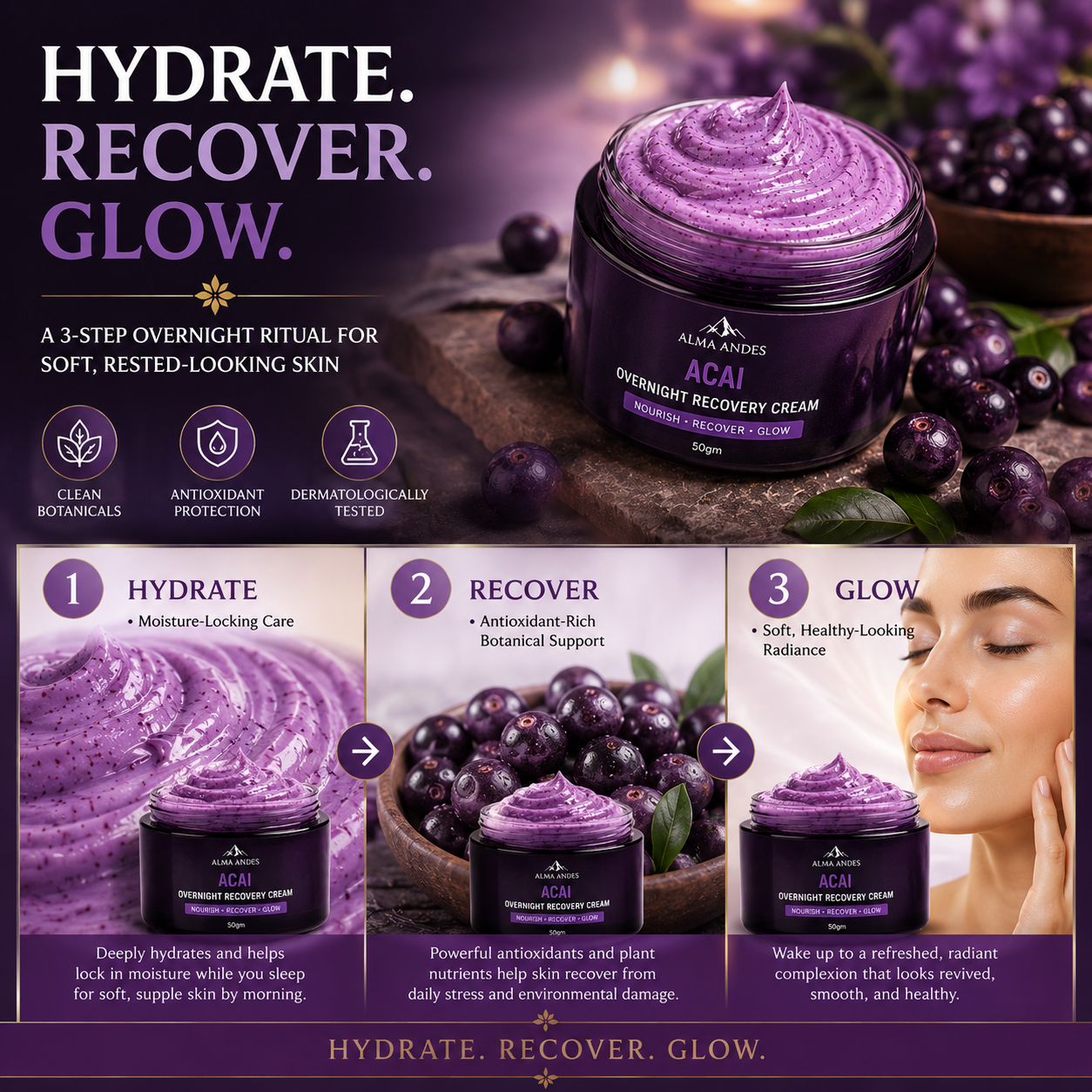 Night Cream for Glowing Skin with Açaí Berry Anti-Oxidant - Slide 2