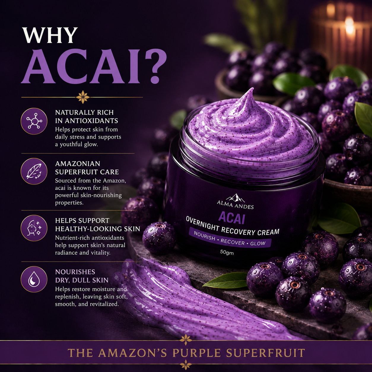 Night Cream for Glowing Skin with Açaí Berry Anti-Oxidant - Slide 5