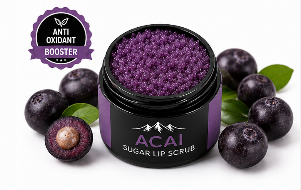 Acai sugar lip scrub with acai berries on a white background