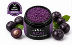 Acai sugar lip scrub with acai berries on a white background