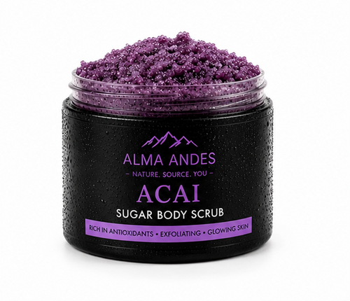 Jar of Acai sugar body scrub with visible brand name on a white background