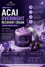 Alma Andes Acai Overnight Recovery Cream packaging with purple and white design.