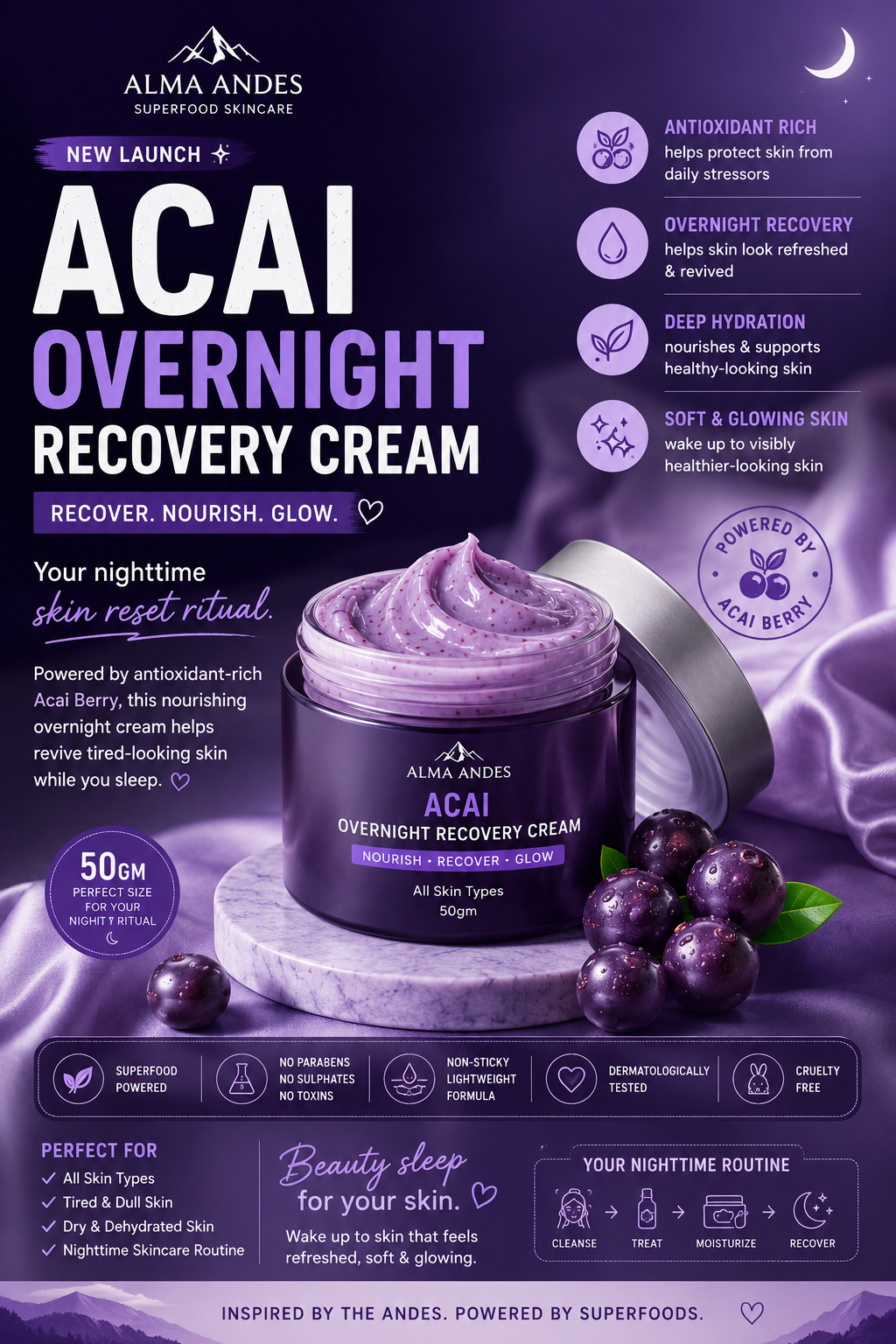 Alma Andes Acai Overnight Recovery Cream packaging with purple and white design.