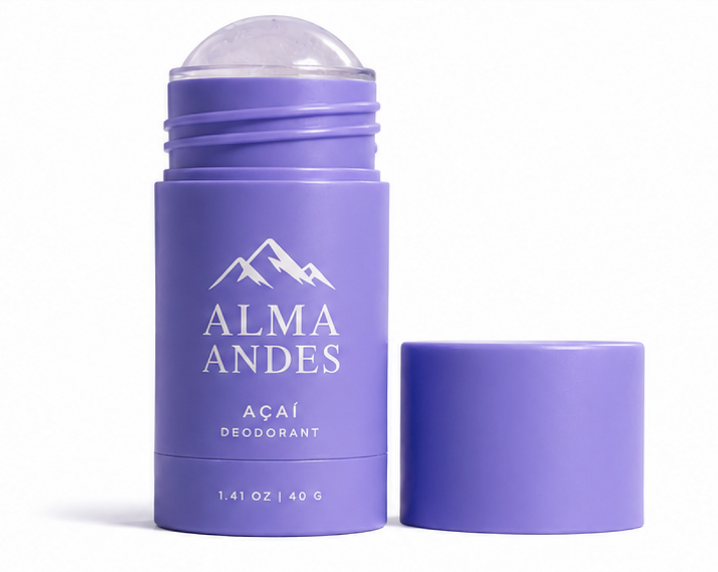Purple deodorant stick with 'Alma Andes' branding on a white background