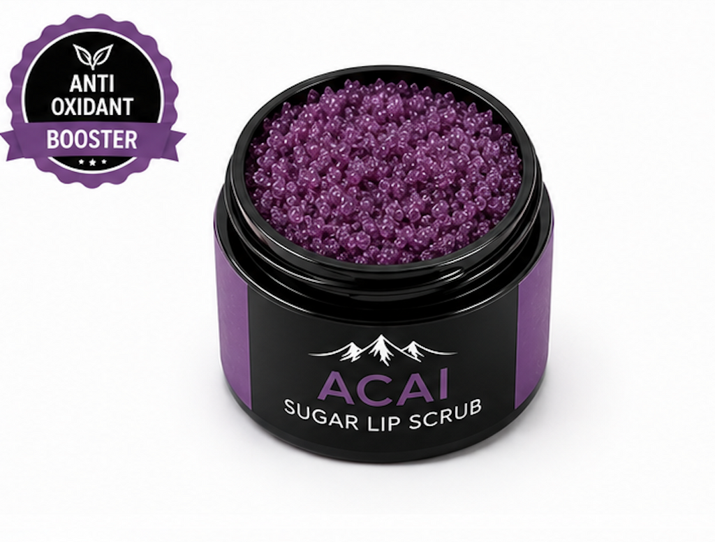 Acai sugar lip scrub in a purple container with an antioxidant booster label on a white background
