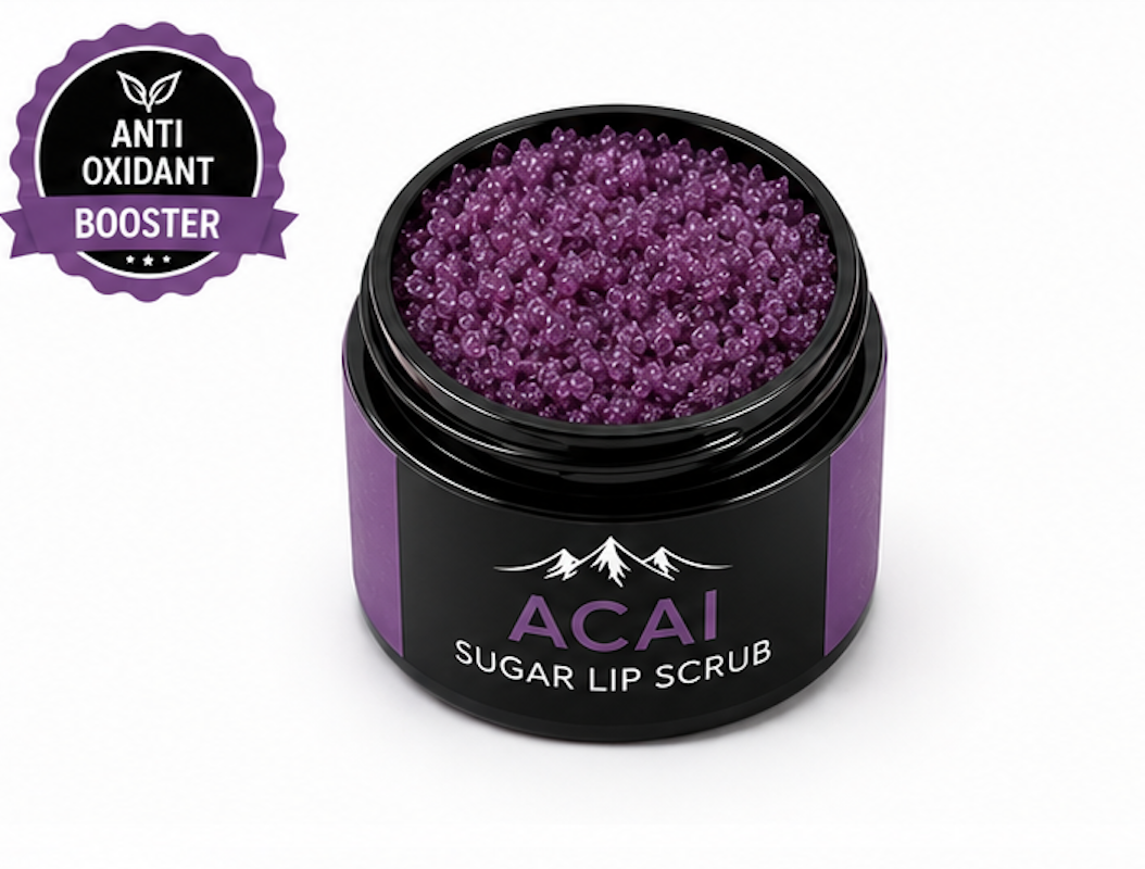 Acai sugar lip scrub in a purple container with an antioxidant booster label on a white background