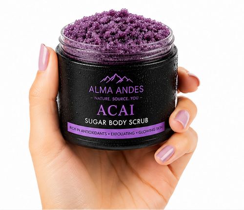 Jar of Acai sugar body scrub held by a hand with pink nail polish on a white background