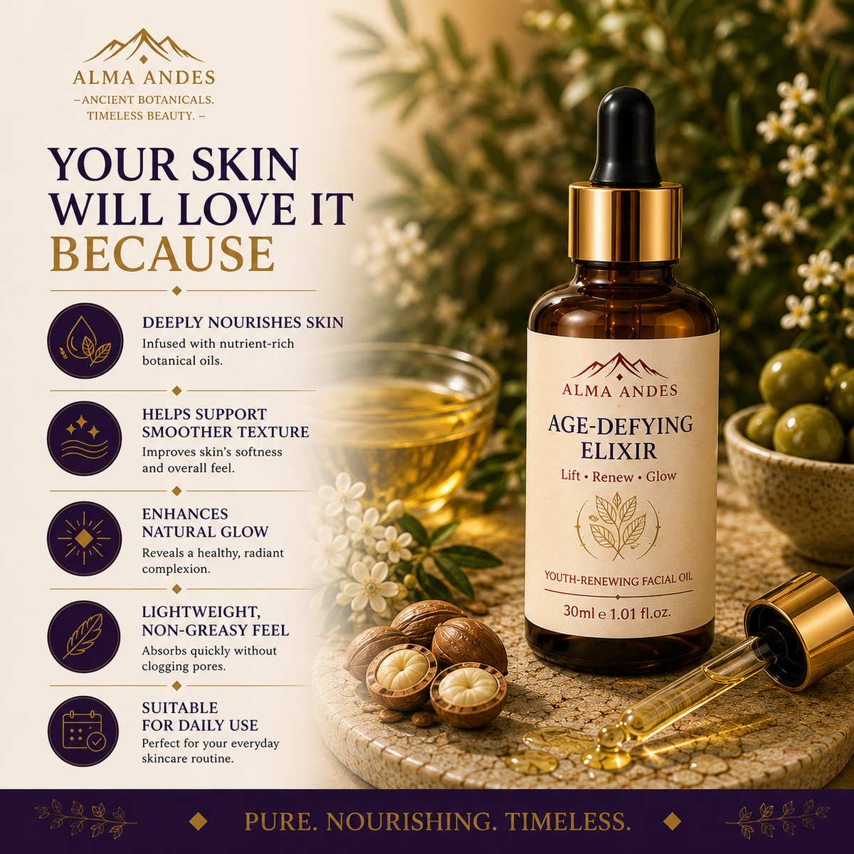 Alma Andes Age Defying Face Oil & Overnight Repair , Anti Aging Face Oil for Fine Lines, Wrinkles & Skin Firming | Collagen Boosting & Glowing Skin | Non-Greasy, Lightweight | For Women & Men (30ml) - Slide 6
