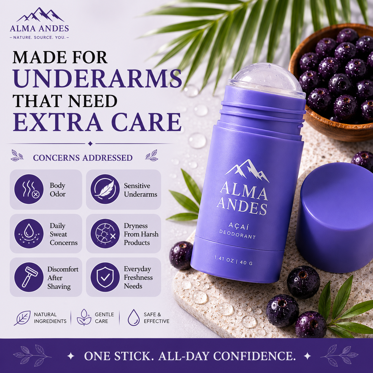 Natural Deodorant Stick for Women & Men with  Acai Berry - Slide 6