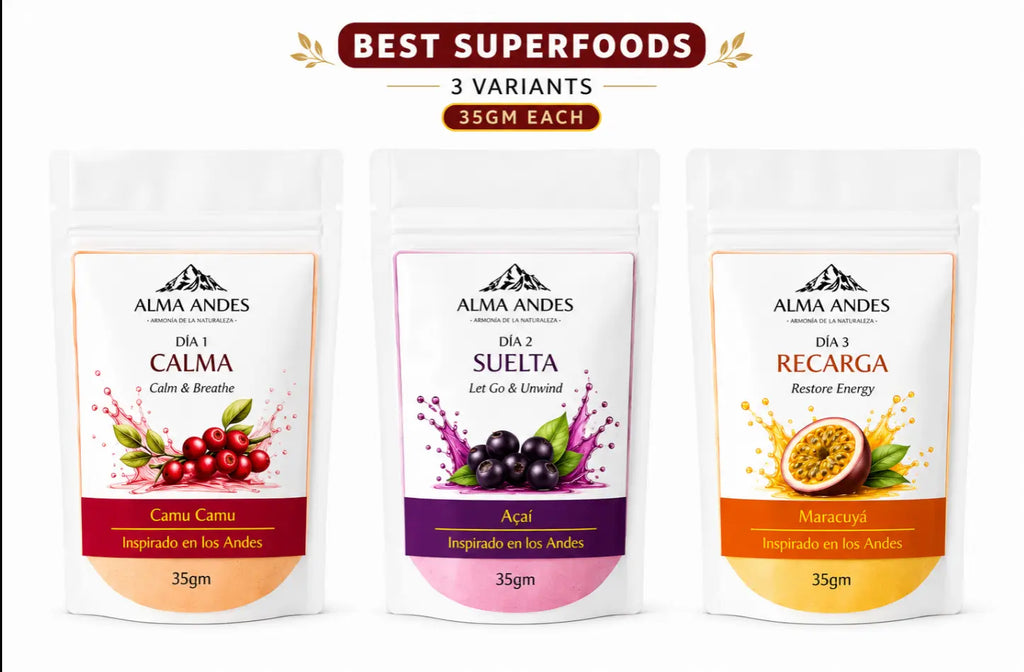 Three packages of Alma Andes superfoods with labels for Calma, Sutilta, and Recarga.