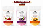 Three packages of Alma Andes superfoods with labels for Calma, Sutilta, and Recarga.